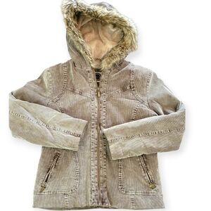 Women's Tan Hooded Jacket with Faux Fur Trim